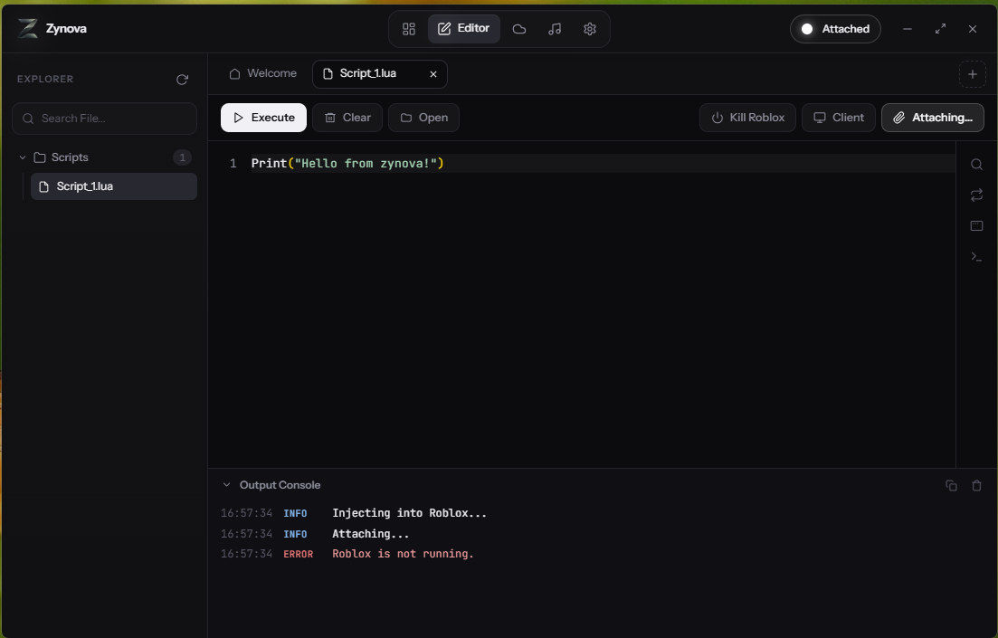 Zynova Executor Lua script editor with Execute, Clear, and Attach controls